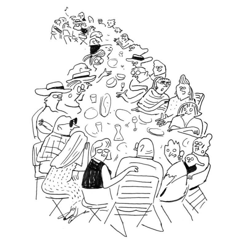Schwarz-Weiß-Illustration einer langen Tafel mit vielen Menschen, die essen, trinken und sich unterhalten.